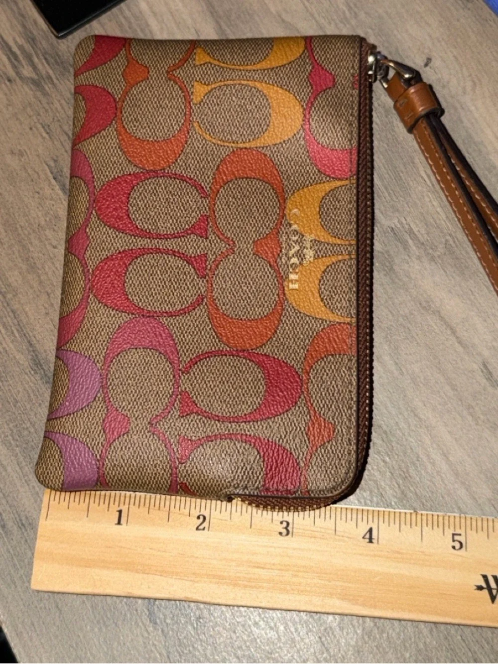 Coach Multicolor Signature Canvas Wristlet Brown Red Orange